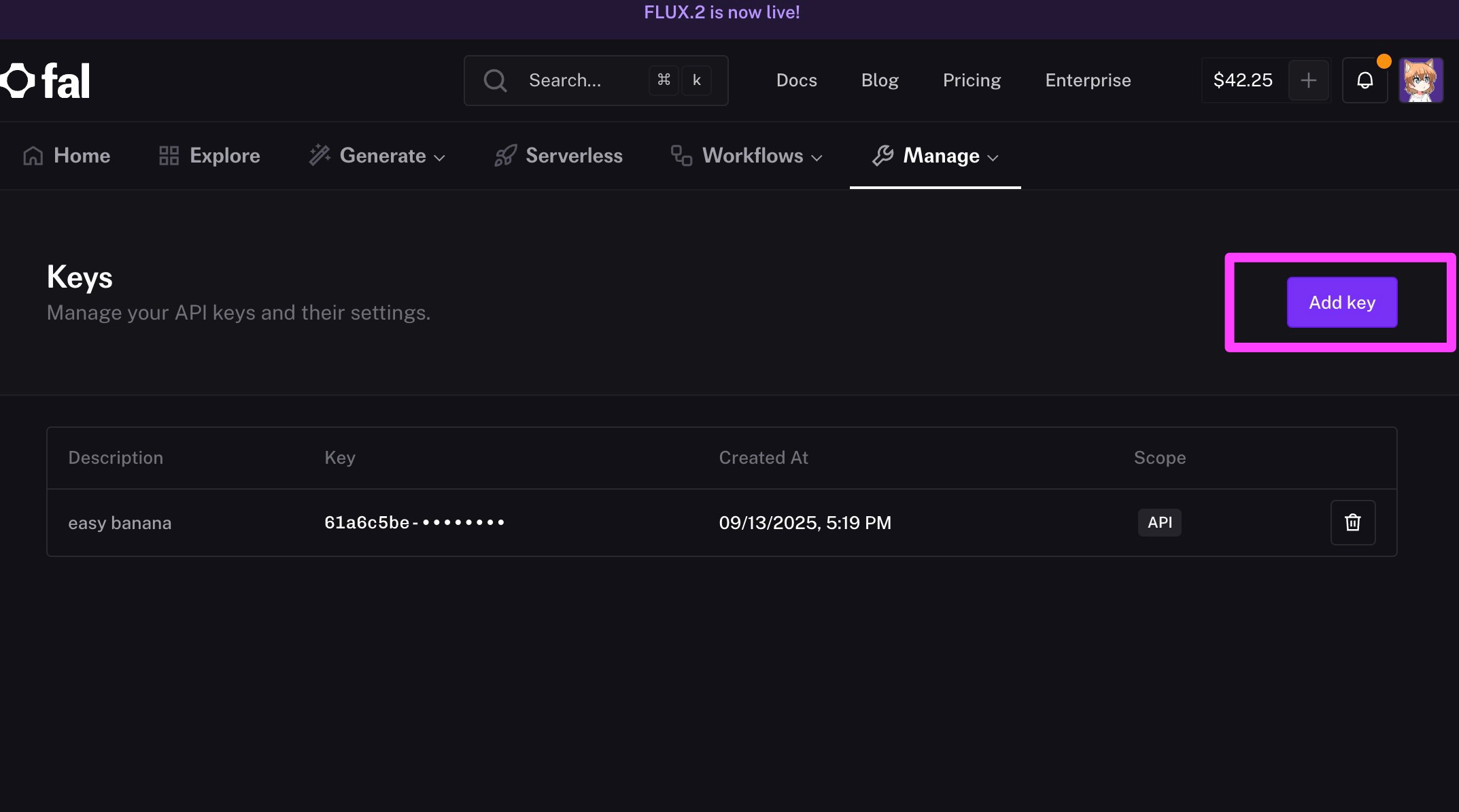 FAL AI API Keys画面